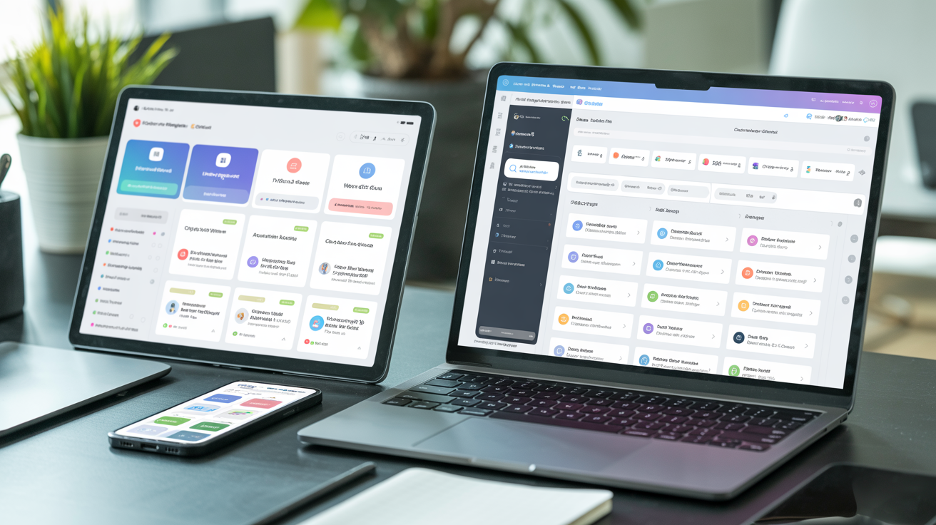 Professional workspace with multiple devices showing app interfaces