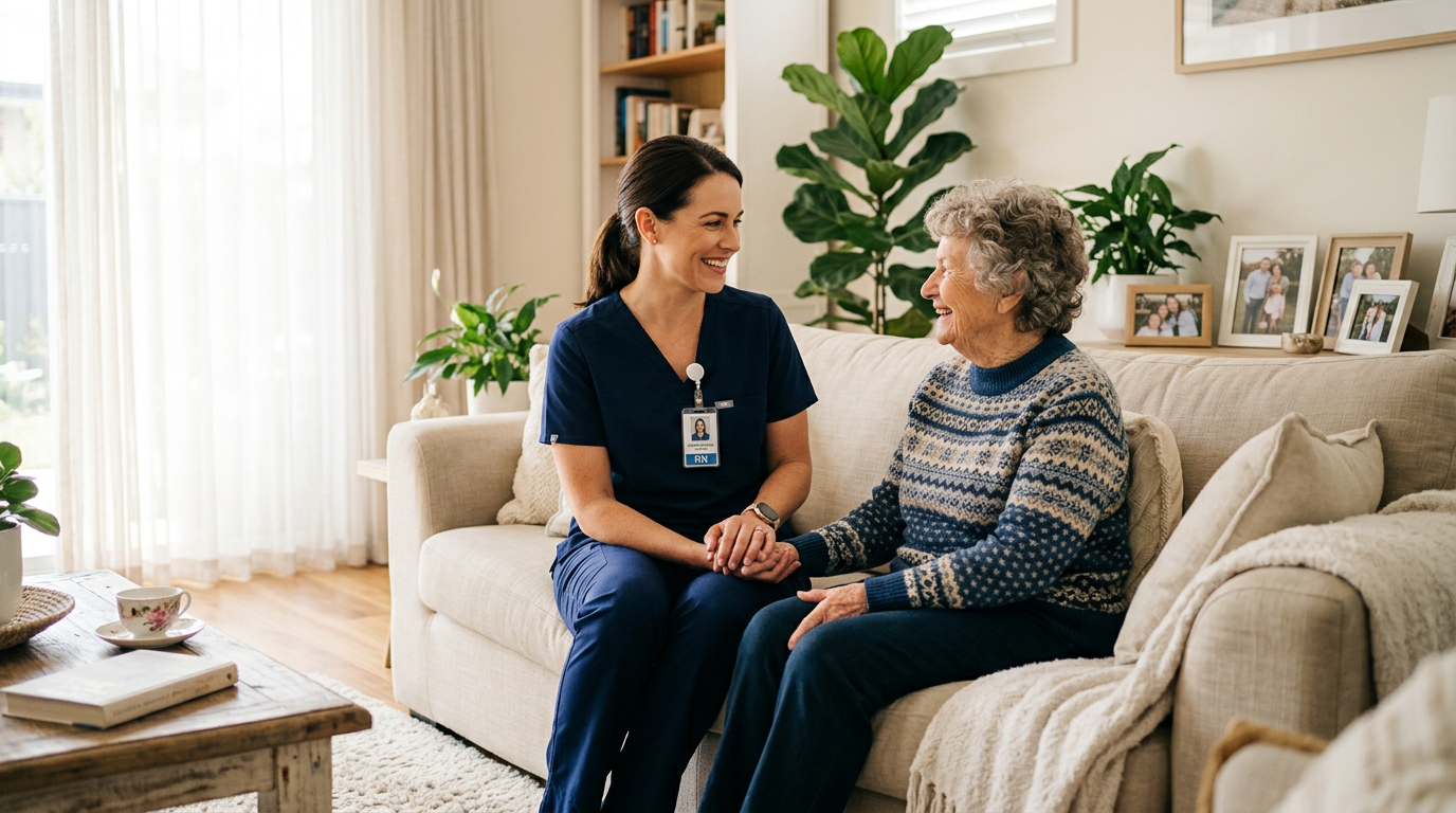 Nurse having a caring conversation with elderly woman
