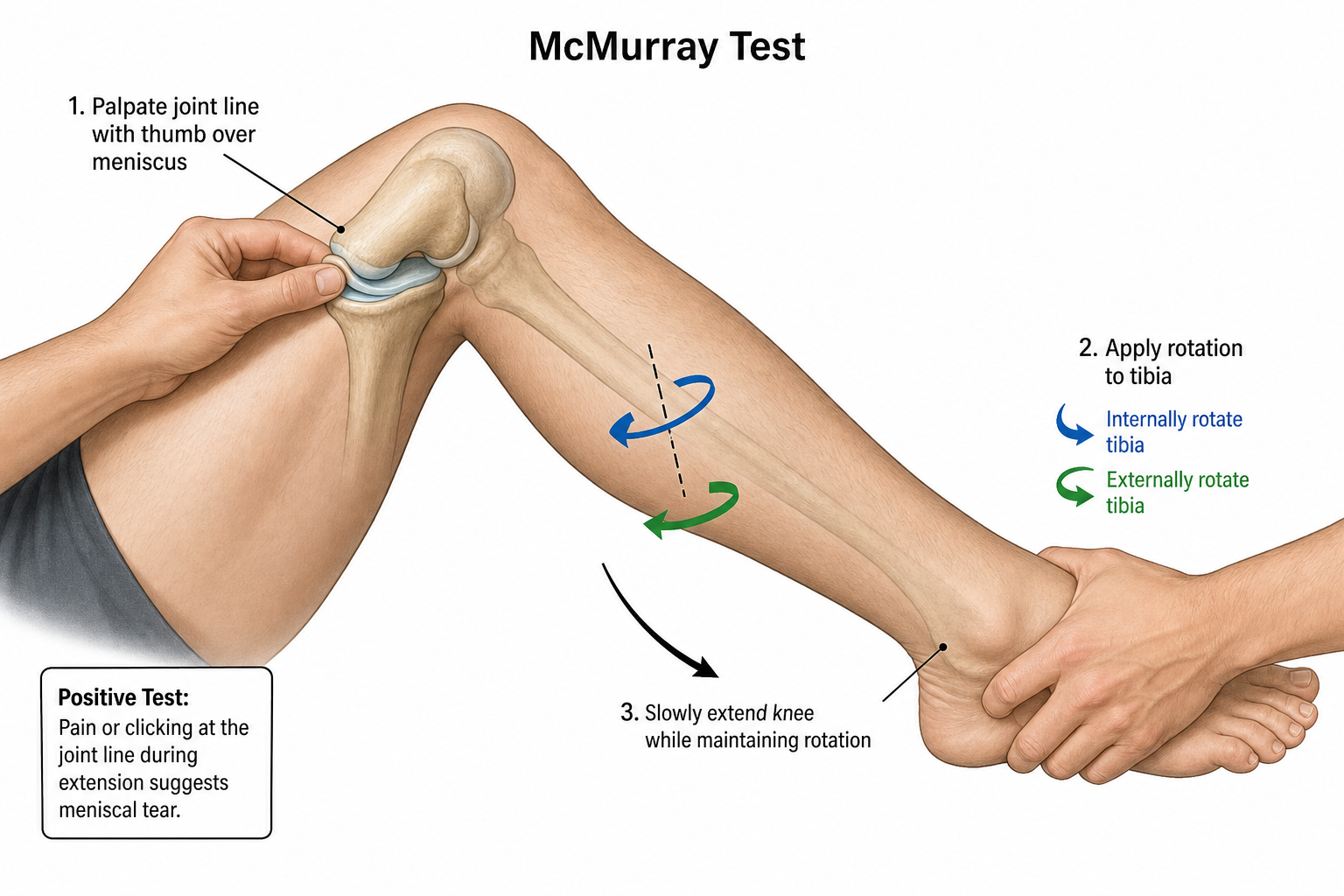 Clinical illustration of the McMurray test being performed on a knee, showing the flexion, rotation and extension sequence used to provoke a meniscal click