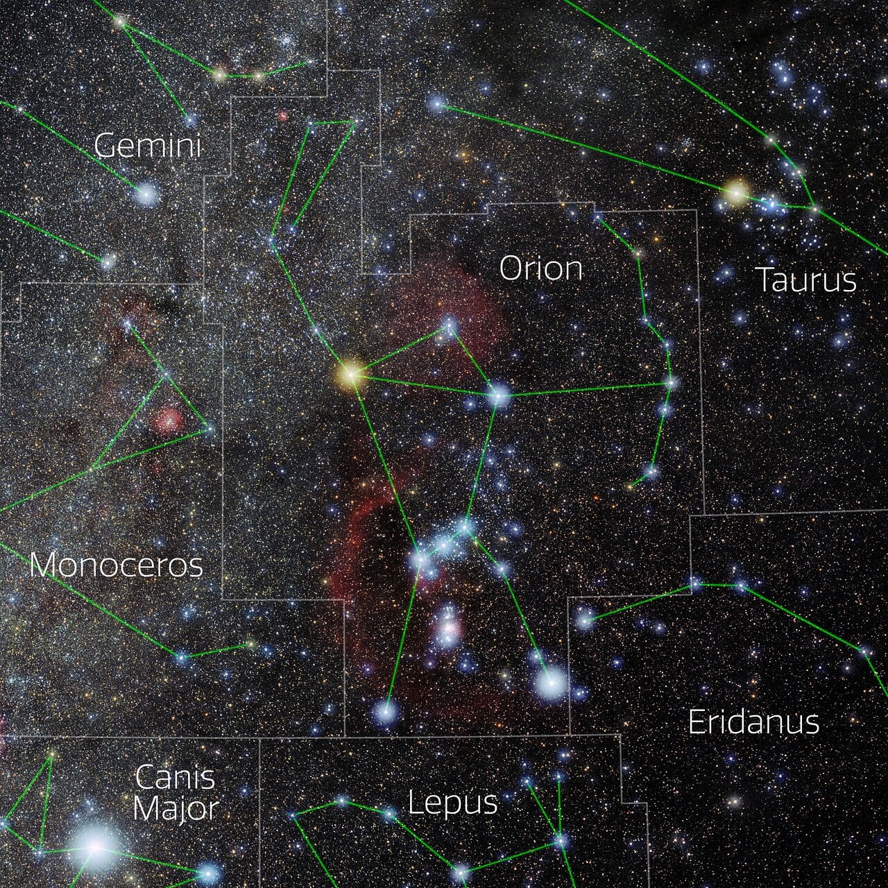 Orion constellation star chart with labeled stars Betelgeuse, Bellatrix, Rigel, Saiph, and Belt