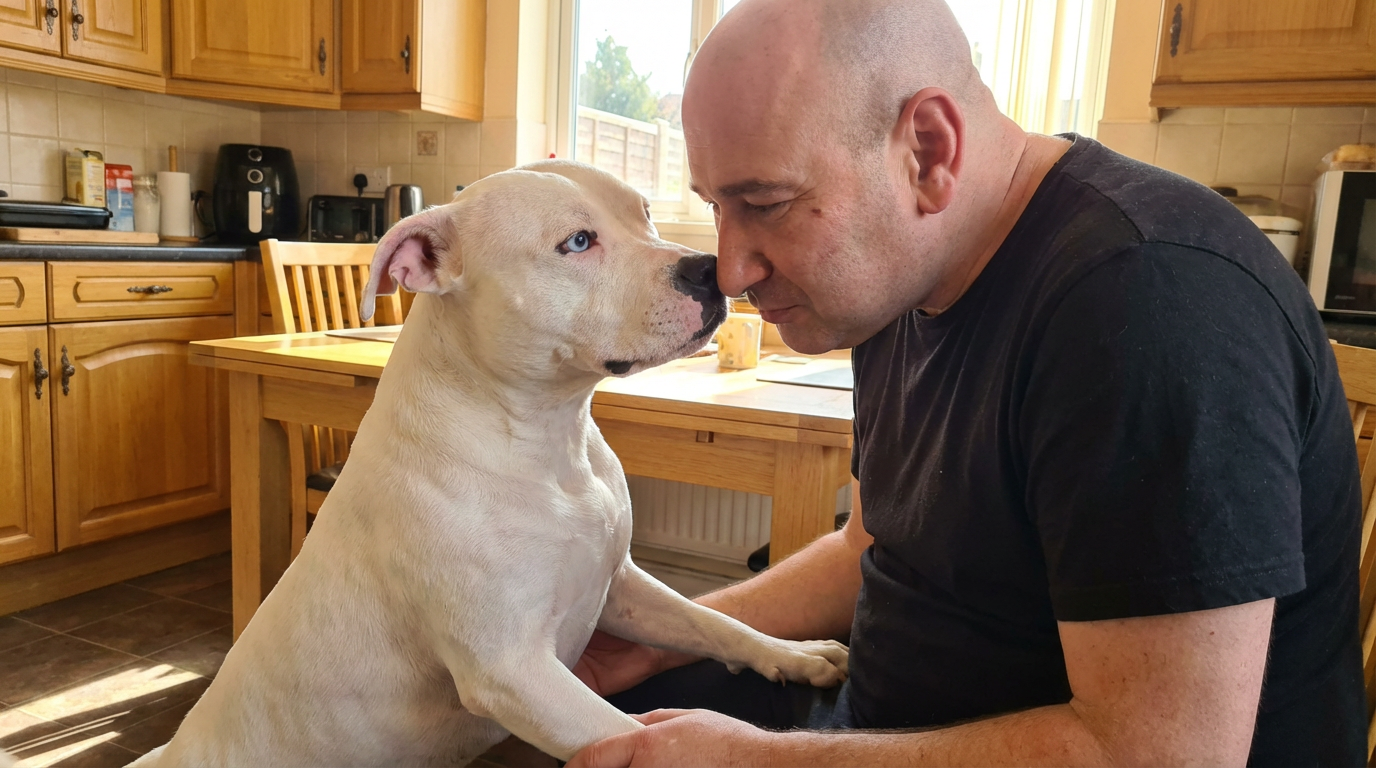 Odrasli Džiber njuši Elionova usta — svakodnevni ritual proveravanja šta je jeo. Komunikacija sa životinjama kroz kontakt očima i jednostavne reči između čoveka i psa u kućnom okruženju