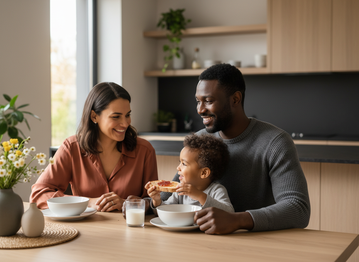 Father present and engaged with his family at breakfast