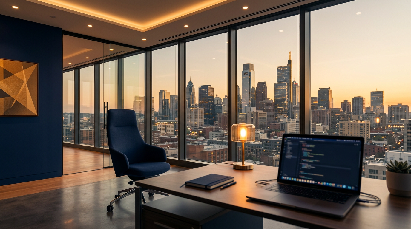 Modern office workspace with city skyline