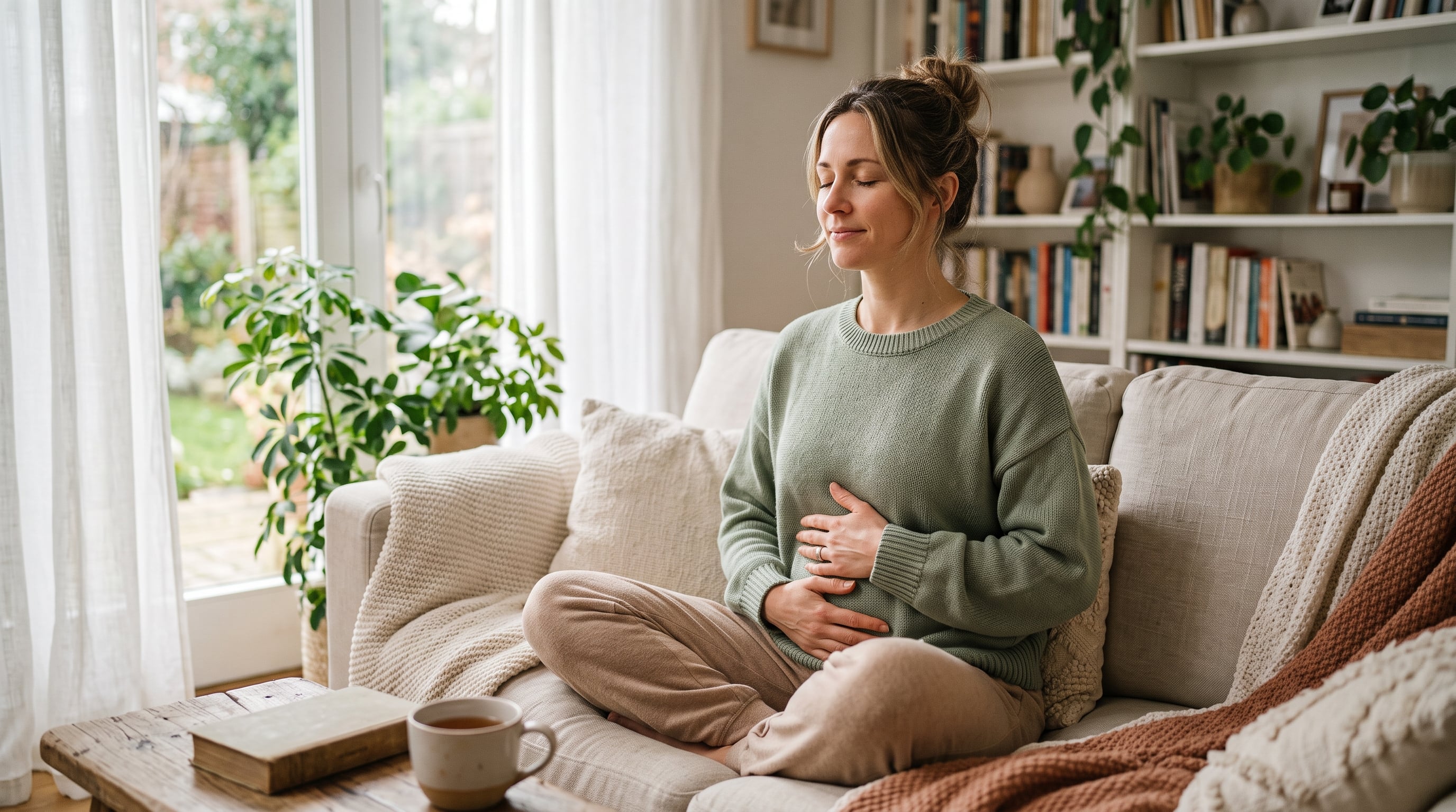 Person sitting calmly on a sofa with hands resting gently on their stomach in soft natural light