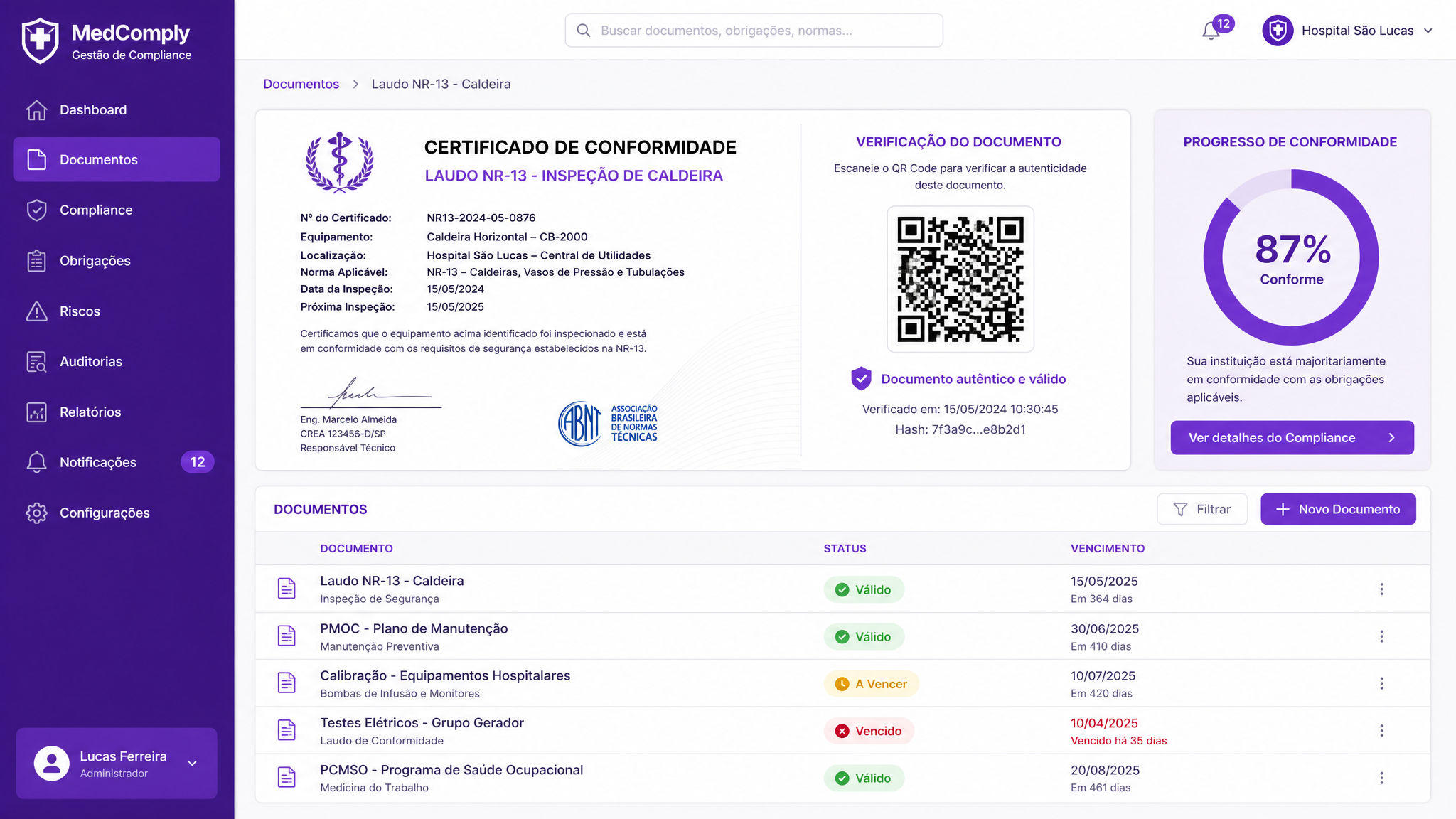 Tela de conformidade do Wolko com laudos digitais, QR Code e barra de progresso