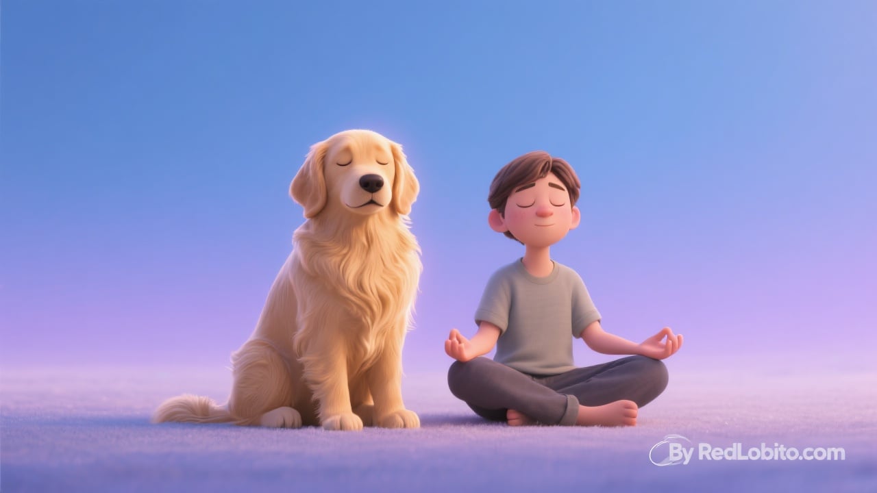 Person and dog practicing mindful breathing together, soft blue-lavender gradient, By RedLobito.com