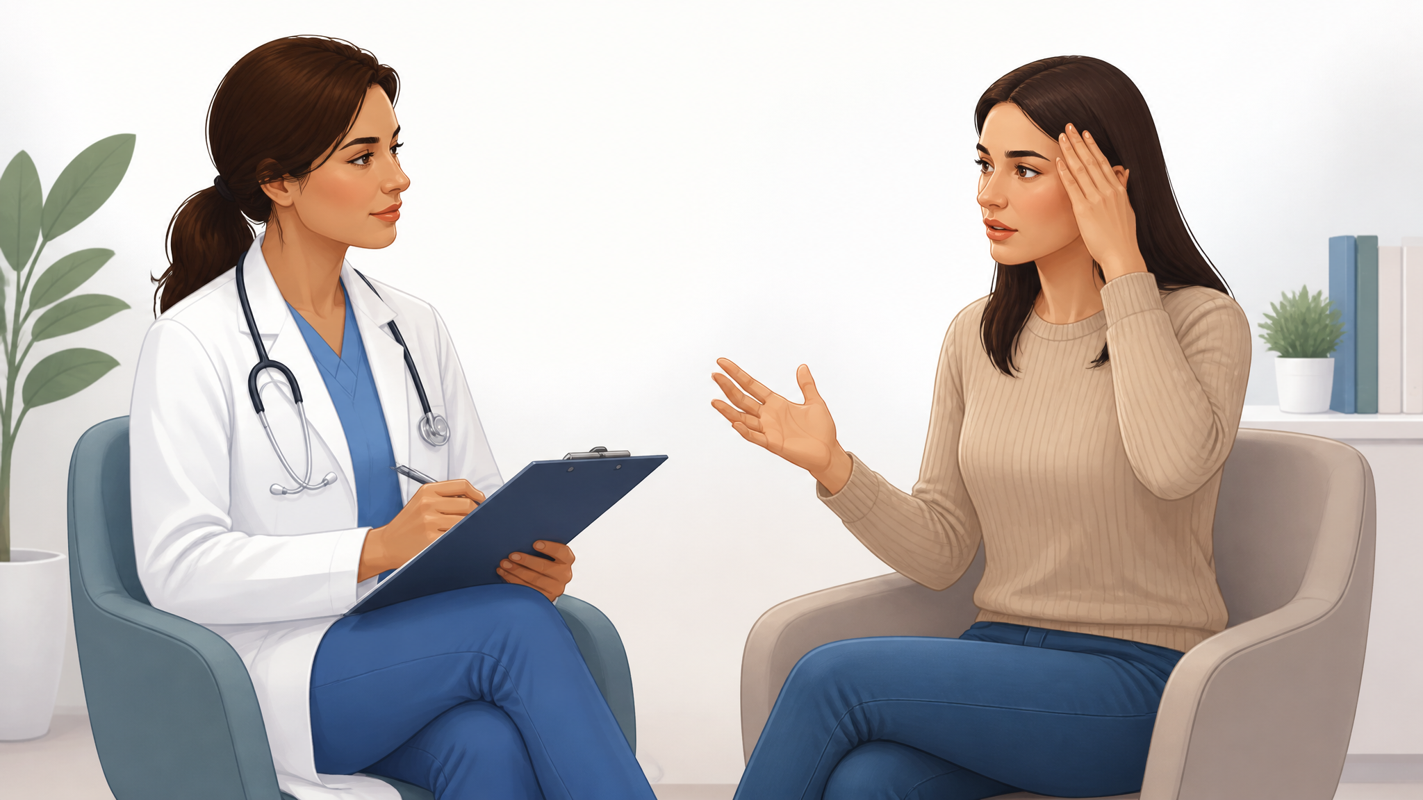 Illustration of a clinician taking a seated patient’s detailed headache history