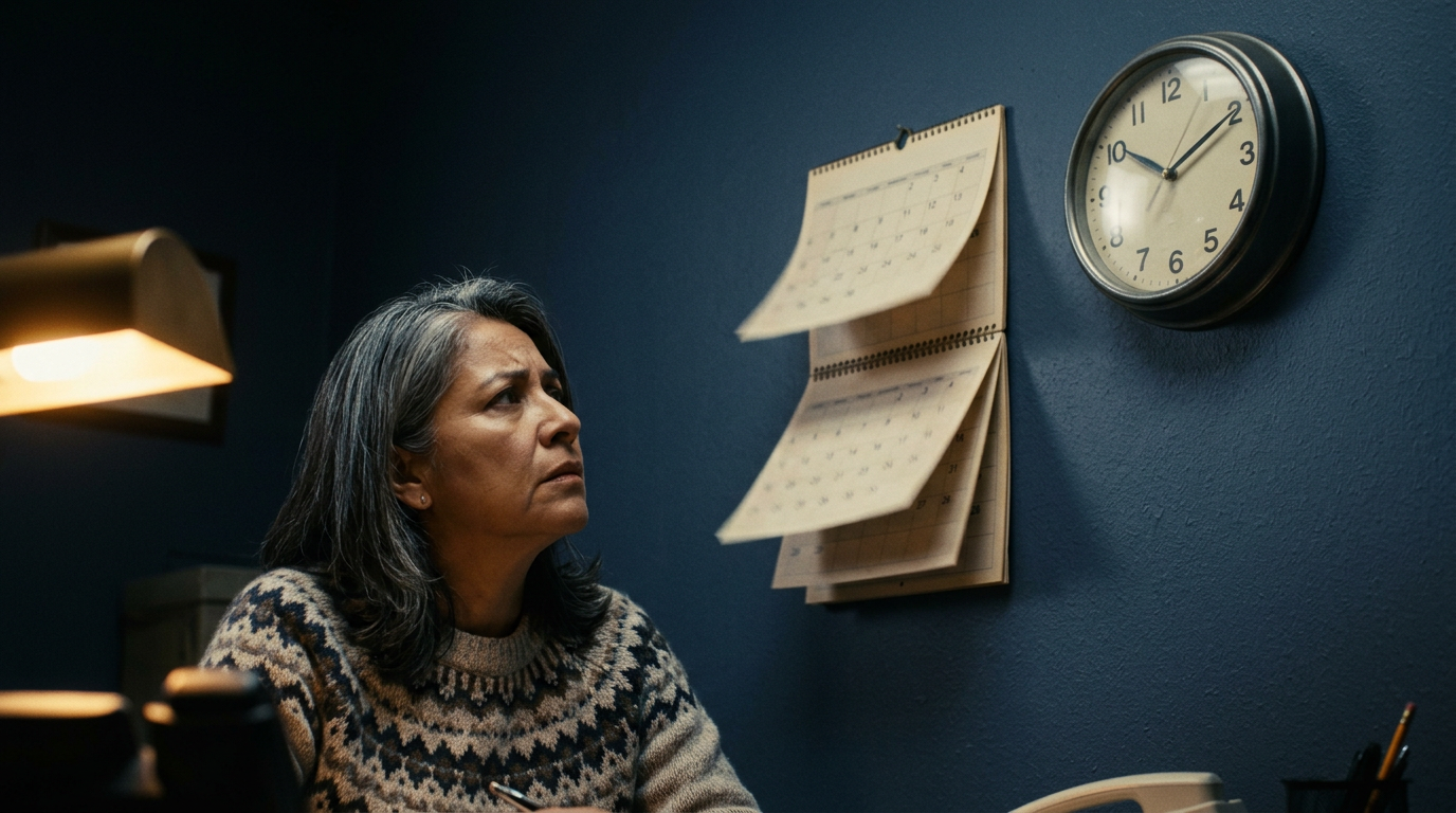 A calendar and clock with time slipping away as a worried veteran looks on