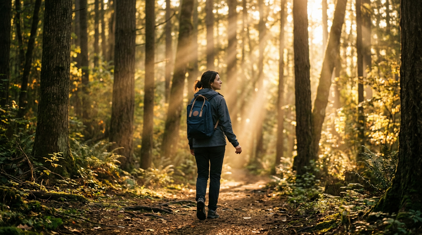 Pessoa caminhando em trilha na floresta com luz dourada representando caminhada consciente