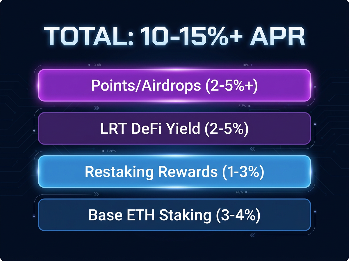EigenLayer restaking yield stacking layers showing ETH staking rewards, restaking rewards, LRT DeFi yield, and airdrop points