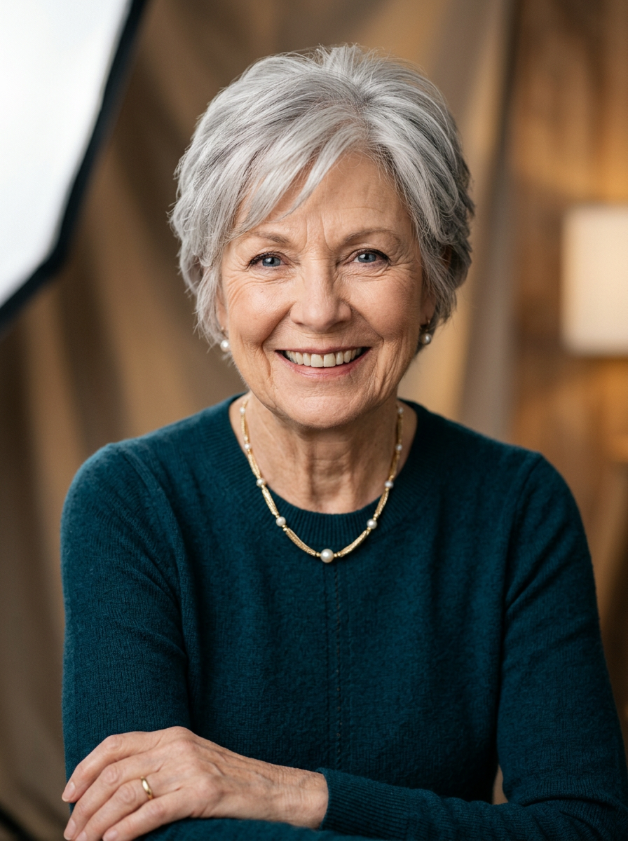 Silver Layers medical wig on a client