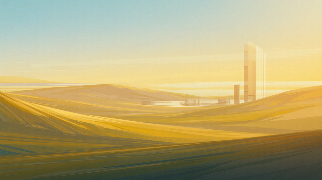 Krajobraz z nowoczesną architekturą o zachodzie słońca