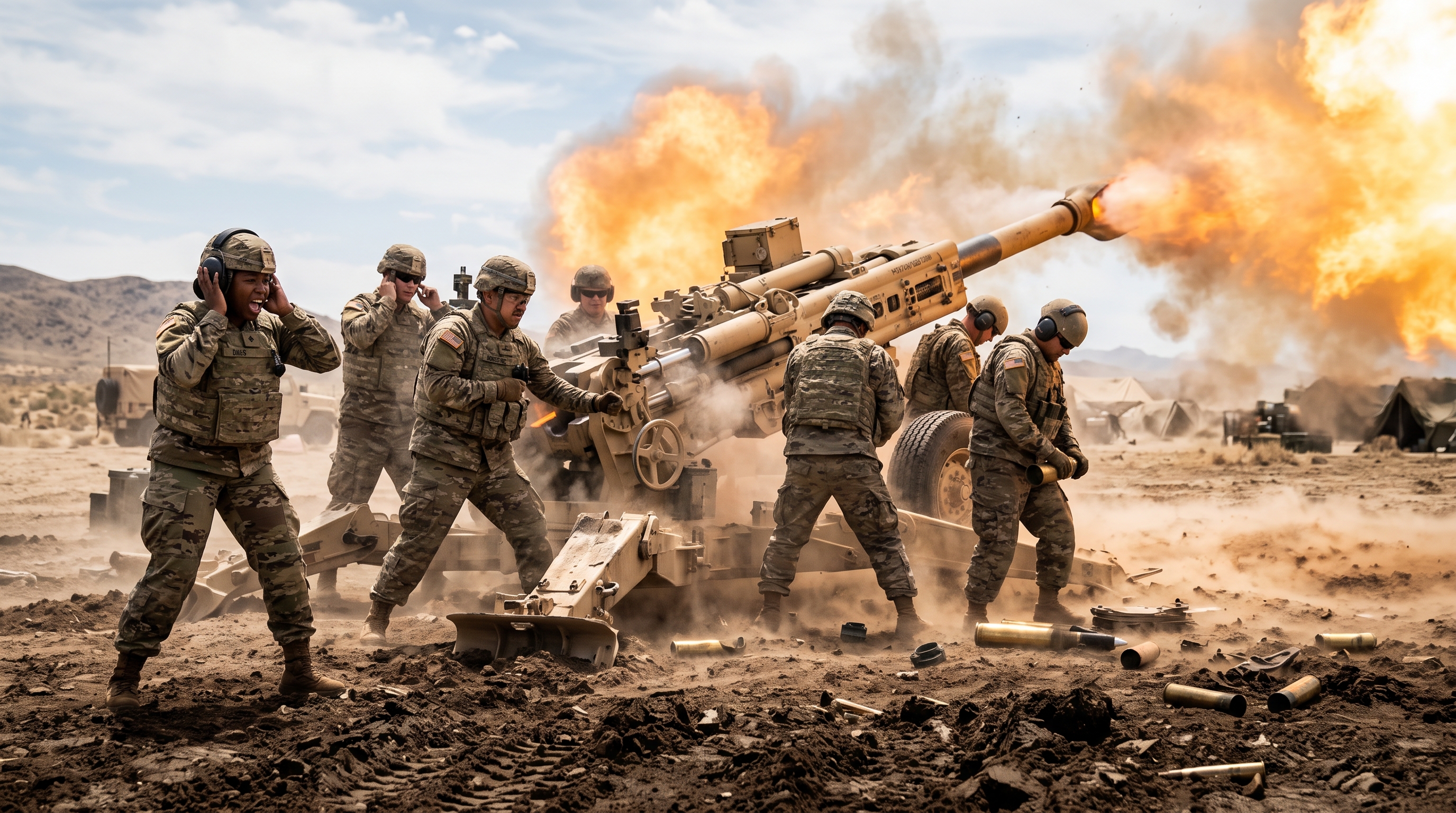 A diverse artillery crew in hearing protection firing a howitzer amid muzzle blast and dust