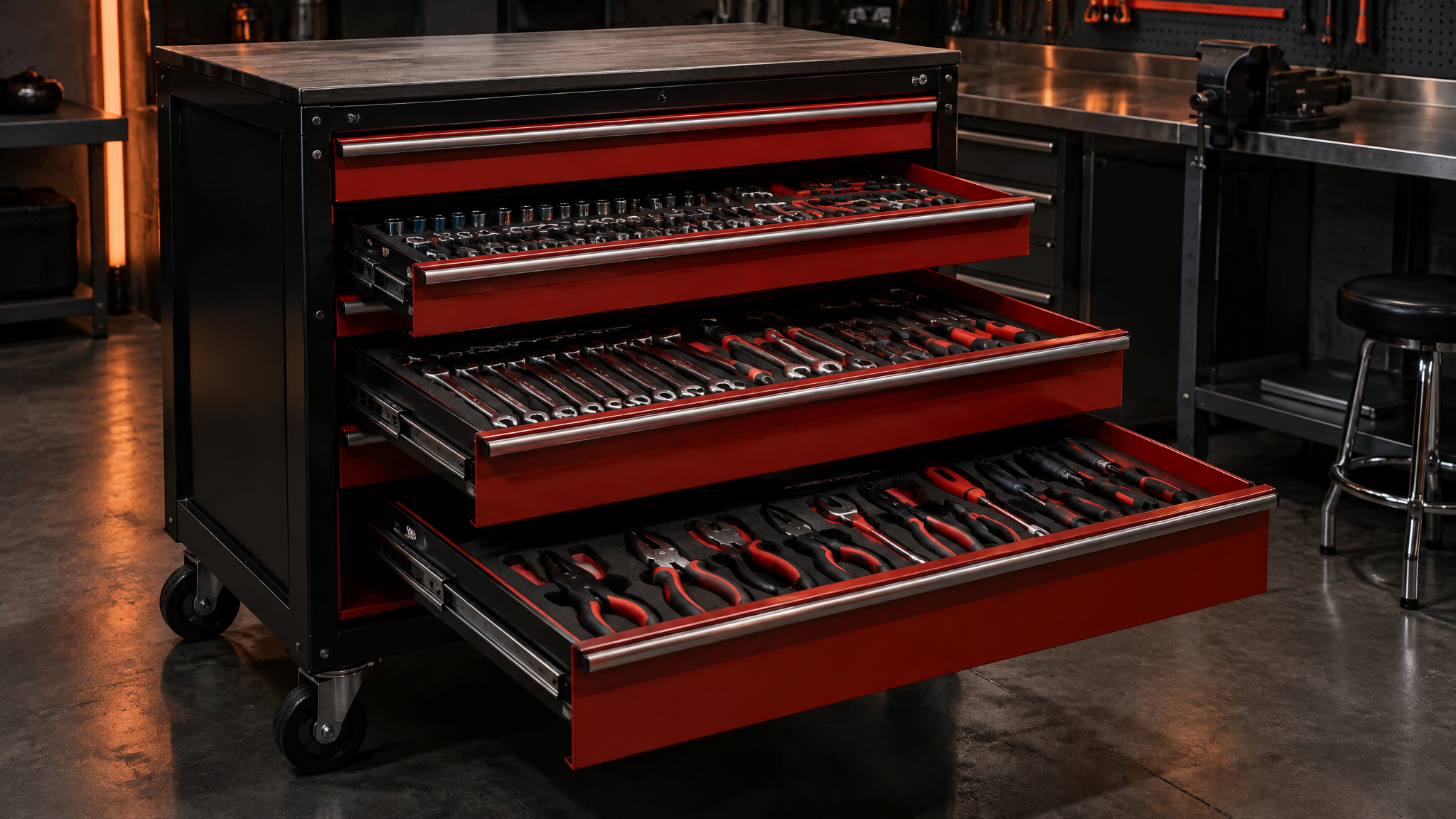 Heavy-duty rolling tool cabinet with organised foam-inlay drawers