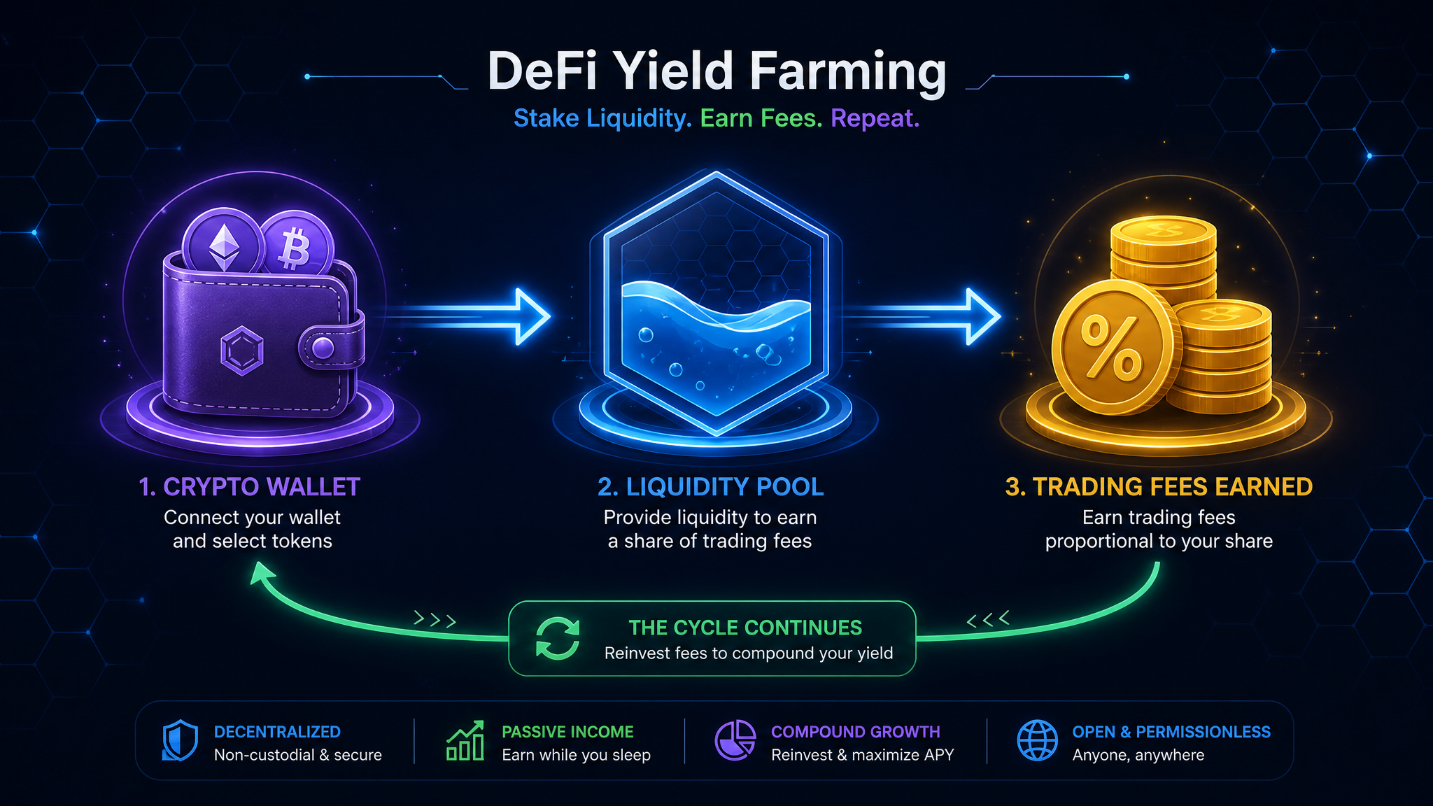 DeFi yield farming flow diagram 2026 — wallet to liquidity pool to trading fees cycle