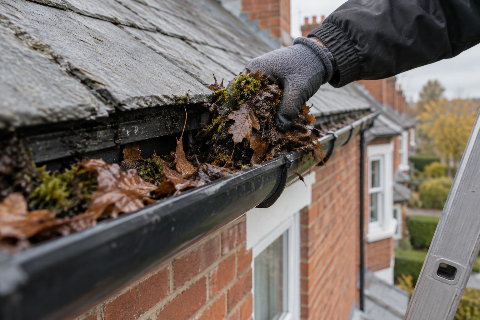 Gloved hand removing leaves from a black gutter