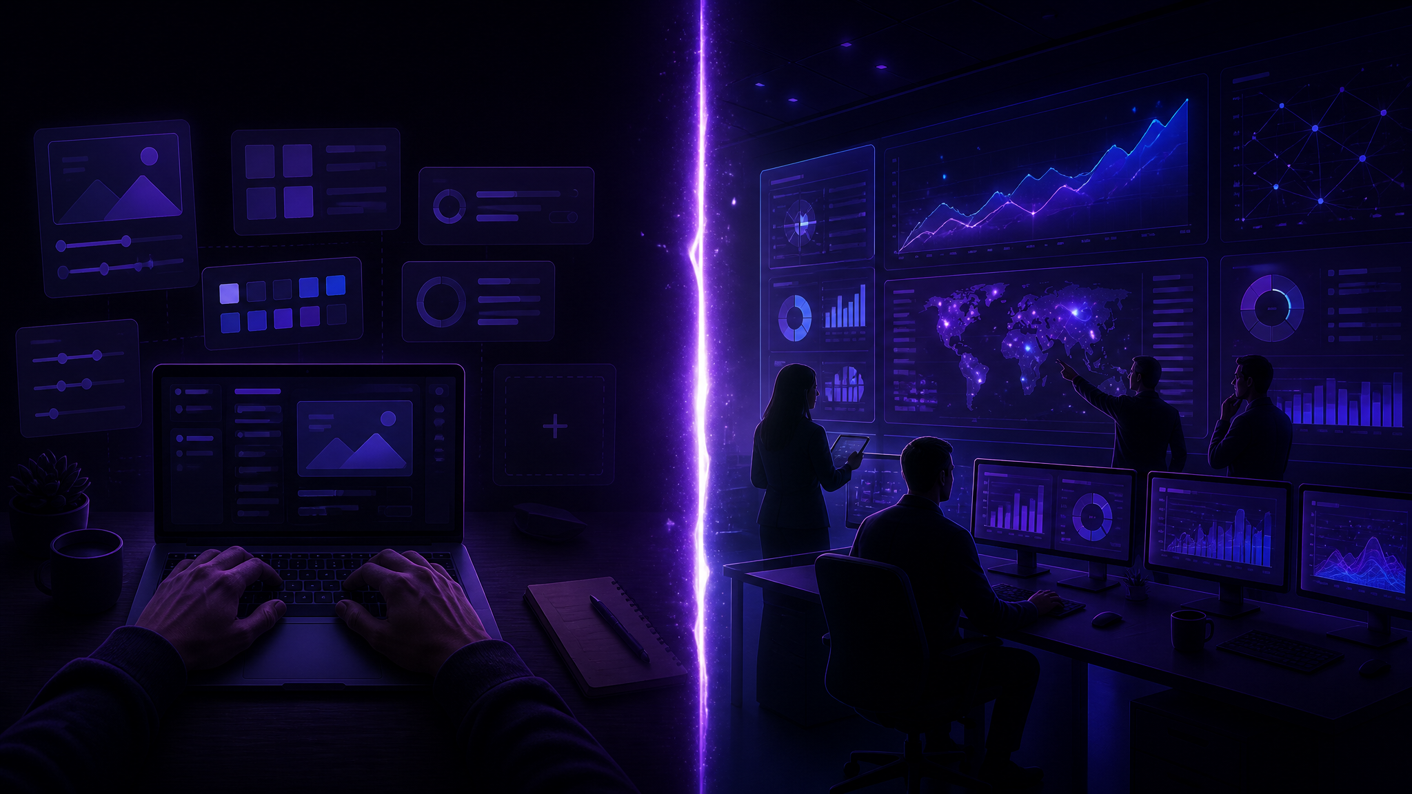 Split illustration of DIY self-service software on one side and a done-for-you agency team on the other, divided by a glowing seam