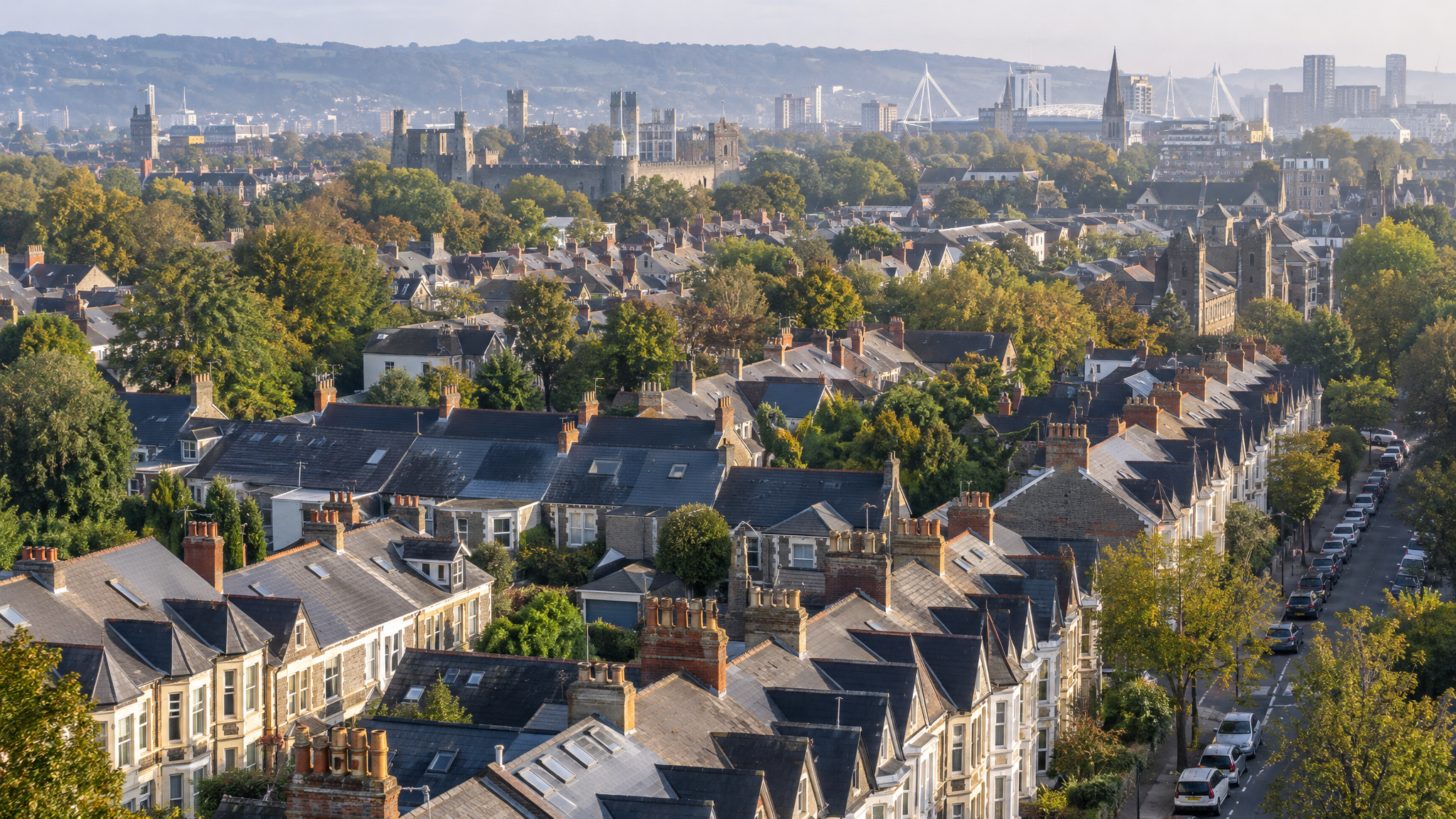 Rooftops of terraced houses across Cardiff