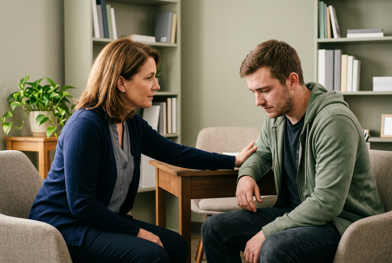 A clinician leaning forward with a gentle reassuring hand extended toward a distressed younger veteran