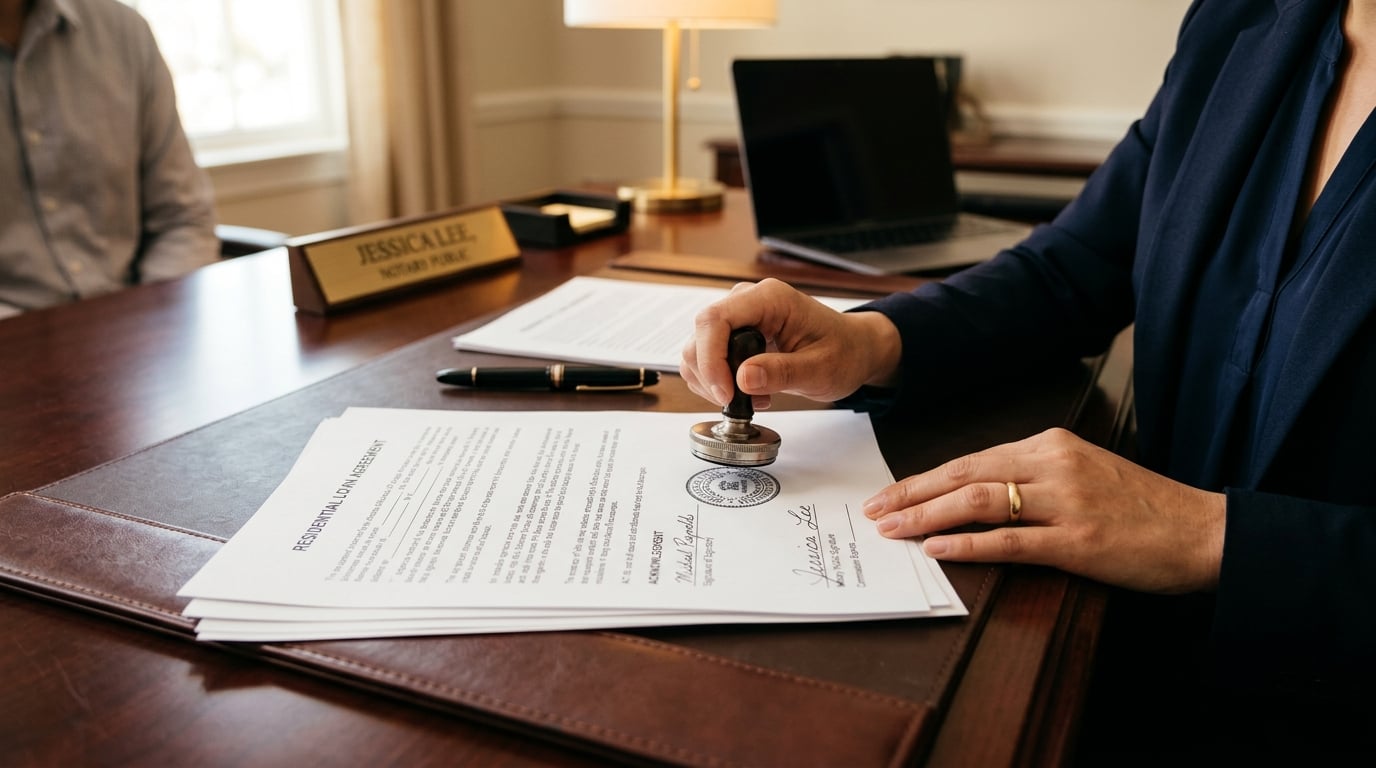 Professional notary stamp being applied to official legal documents