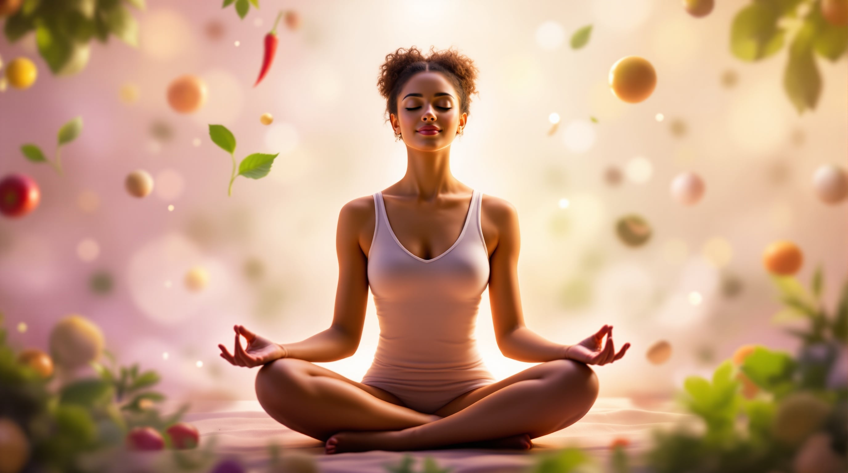 Meditacija i zdrava ishrana kao simbol unutrašnje energije, svesti i balansa tela i uma