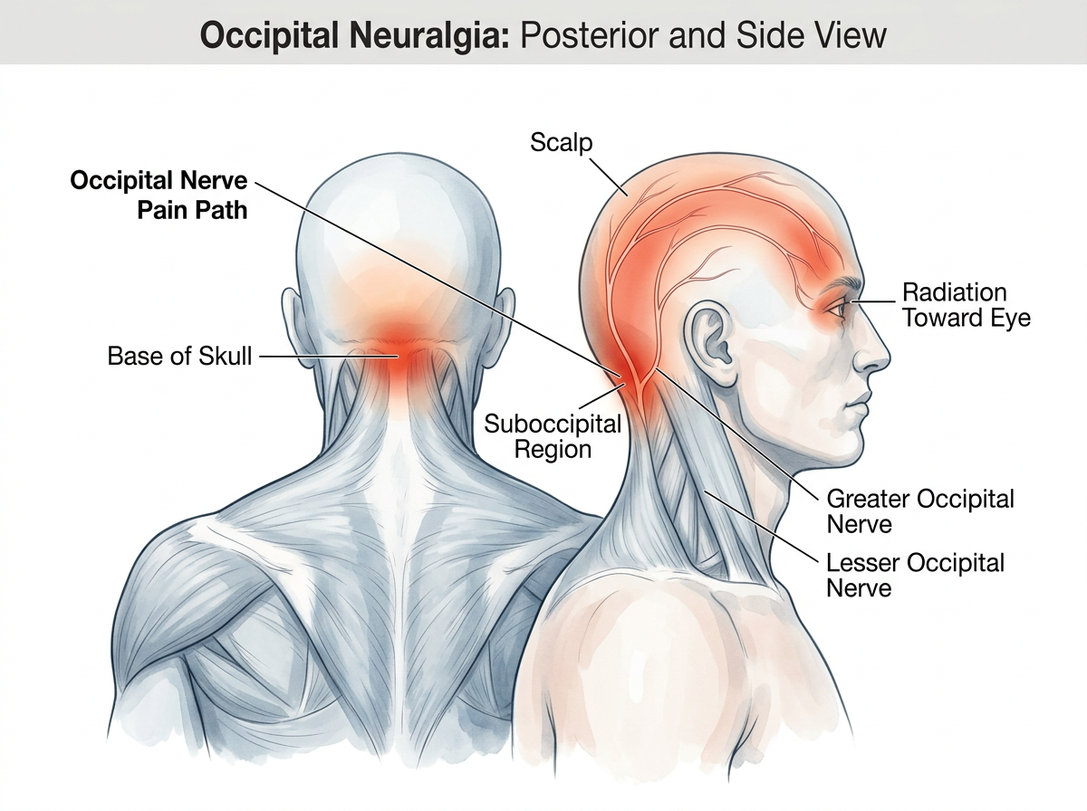 Anatomical figure showing occipital nerve pain starting at the base of the skull and radiating over the scalp toward the eye