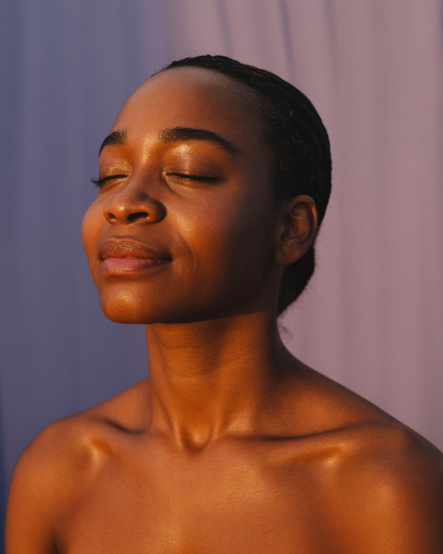 Portrait conveying strength and resilience of melanated skin through cancer treatment