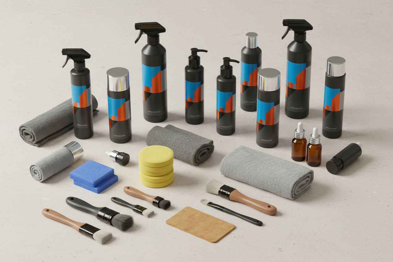 3D Products flatlay with microfiber towels, pads, and bottles