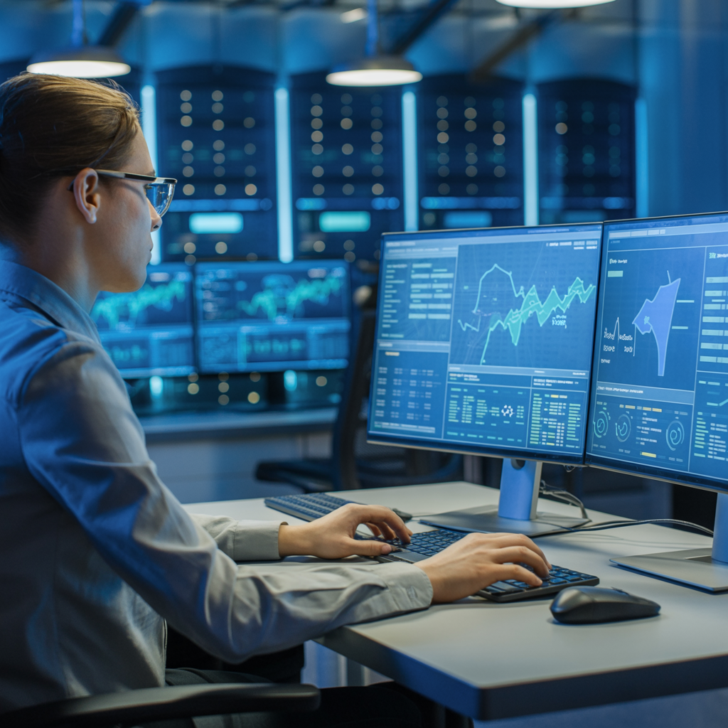 Professional cybersecurity analyst at a modern security operations center