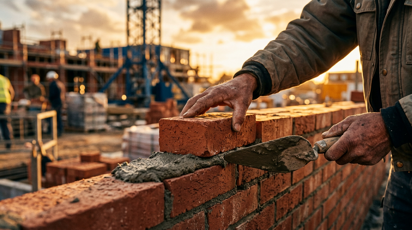 Pedreiro colocando tijolo cuidadosamente construindo uma parede
