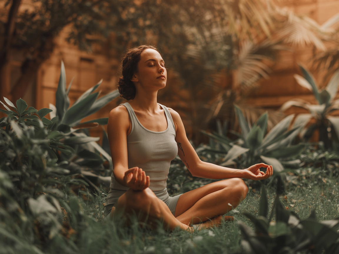 Woman in contemplative meditation surrounded by nature, representing grounded integration