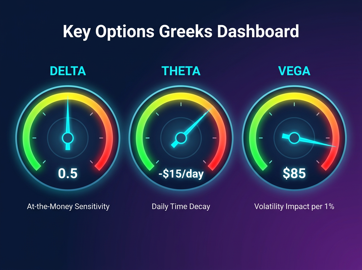 crypto options trading strategies Greeks diagram showing Delta Theta and Vega gauge meters