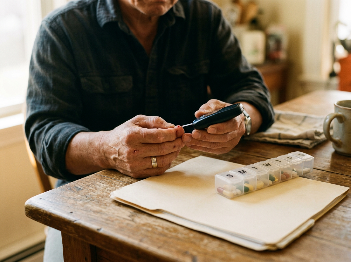 Veteran checking blood sugar beside a pill organizer and claim folder