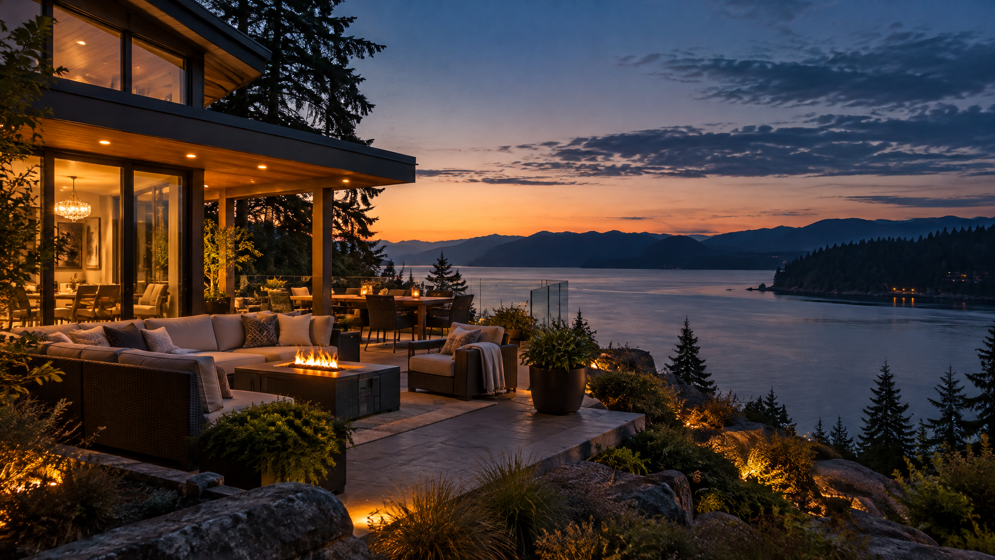 West Coast waterfront patio at dusk — concept imagery