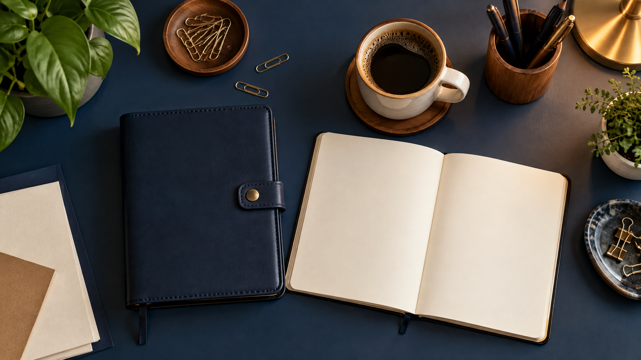 Mesa de trabalho organizada vista de cima com agenda e café