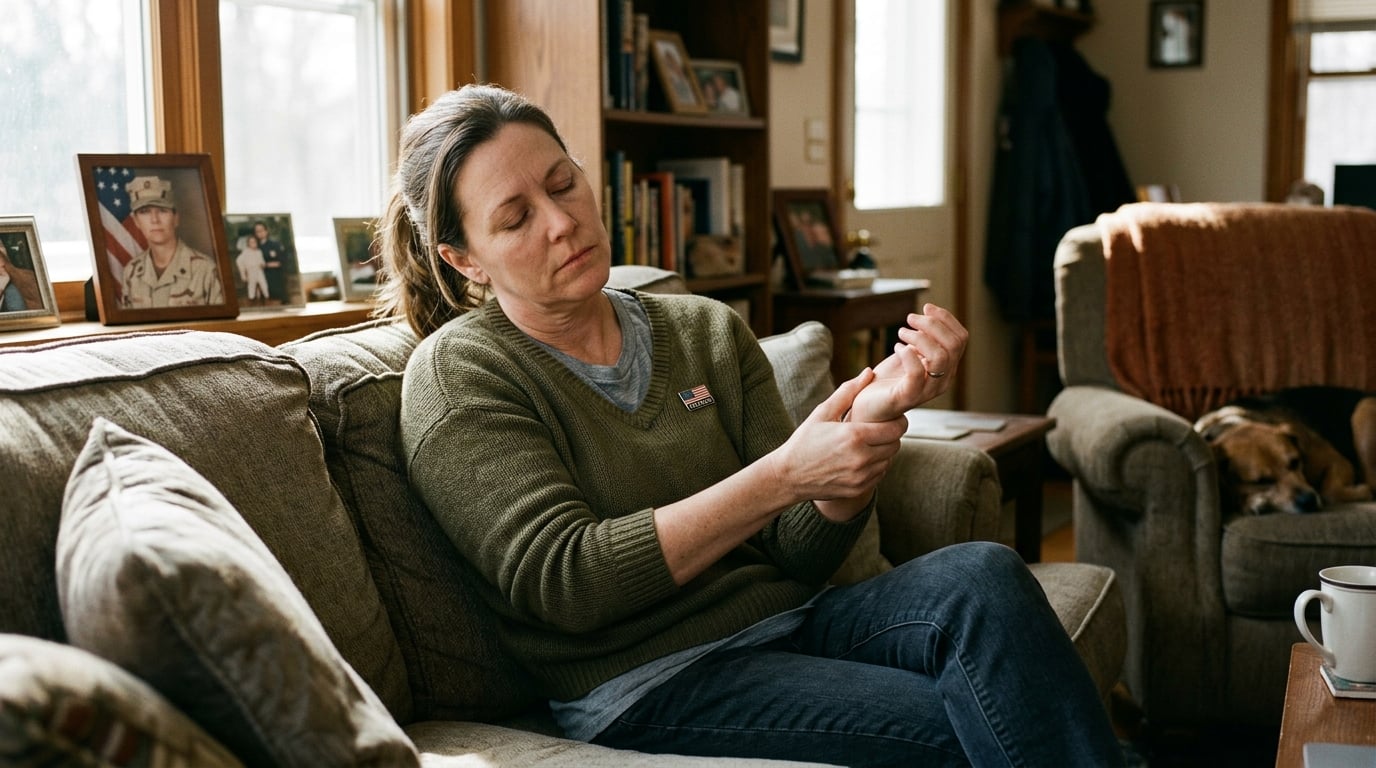 A woman veteran resting at home, fatigued and holding an aching joint