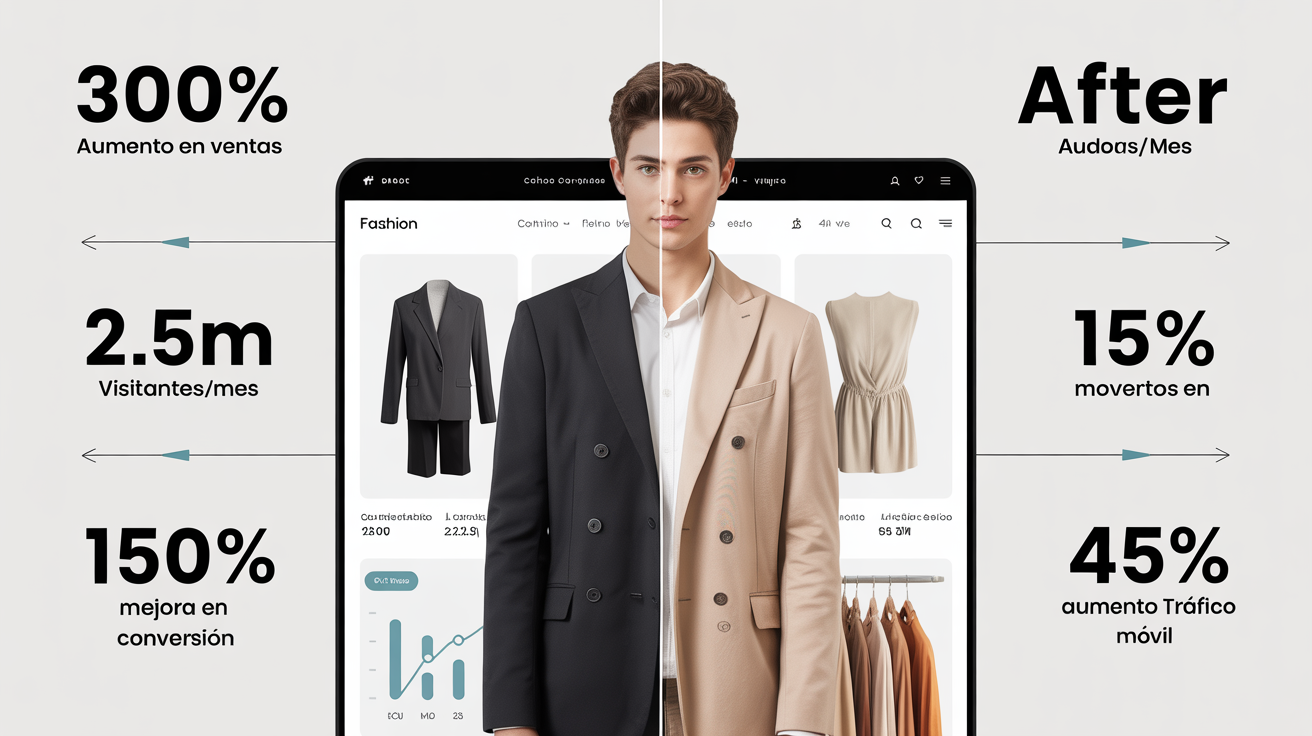 Comparación antes y después de tienda online de ropa con métricas de crecimiento del 300%