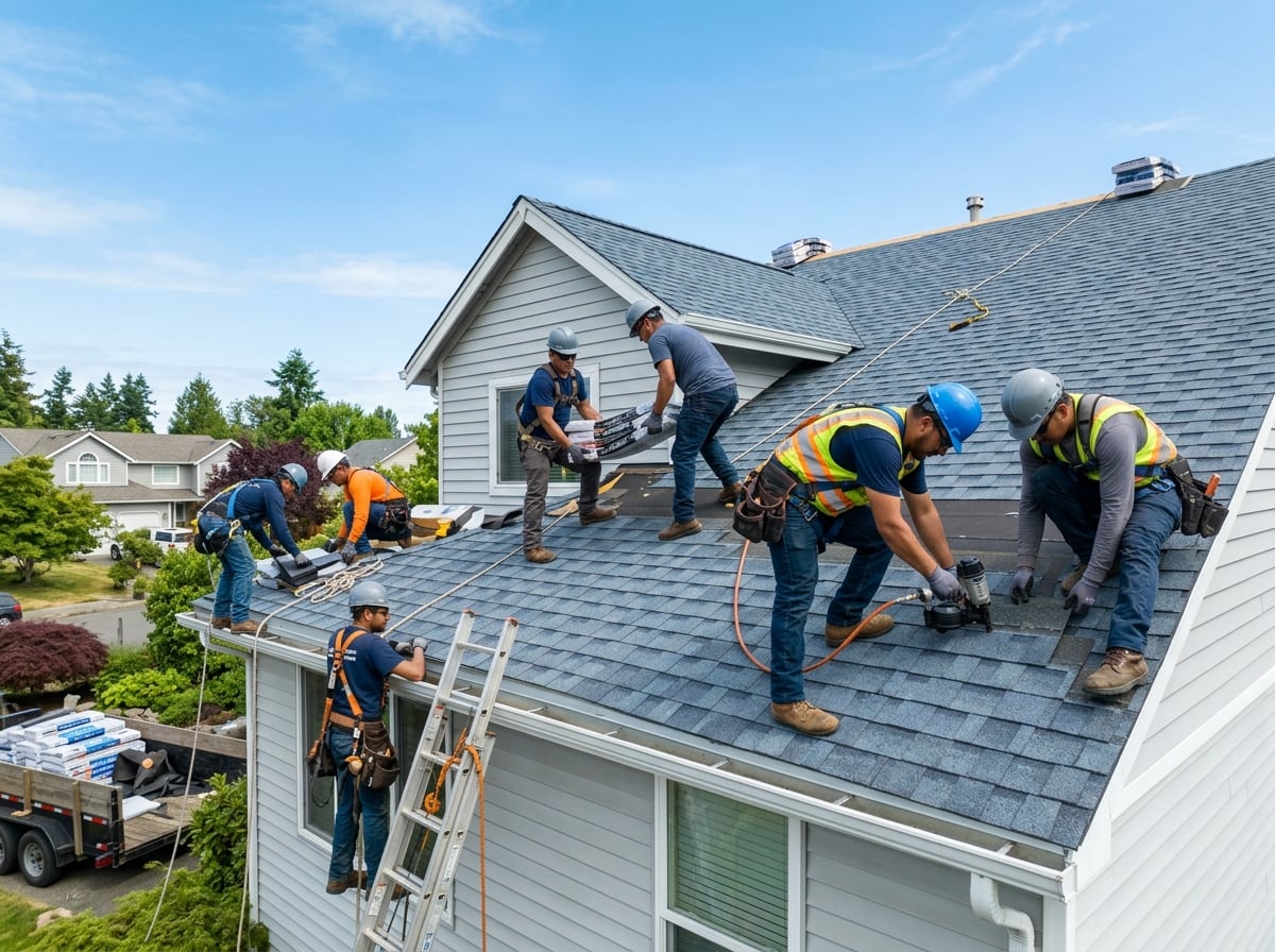 Roofing team at work on residential project