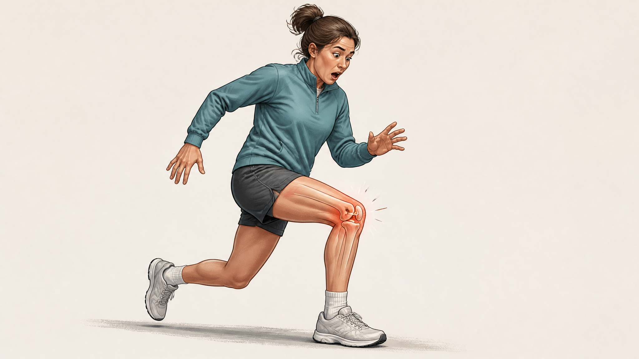 Illustration of a person mid-step with their knee suddenly locking up, frozen in stride with a shocked expression