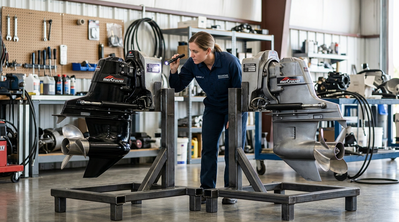 Marine technician comparing a Bravo One outdrive and a Bravo Three dual-prop outdrive side by side in a repair workshop