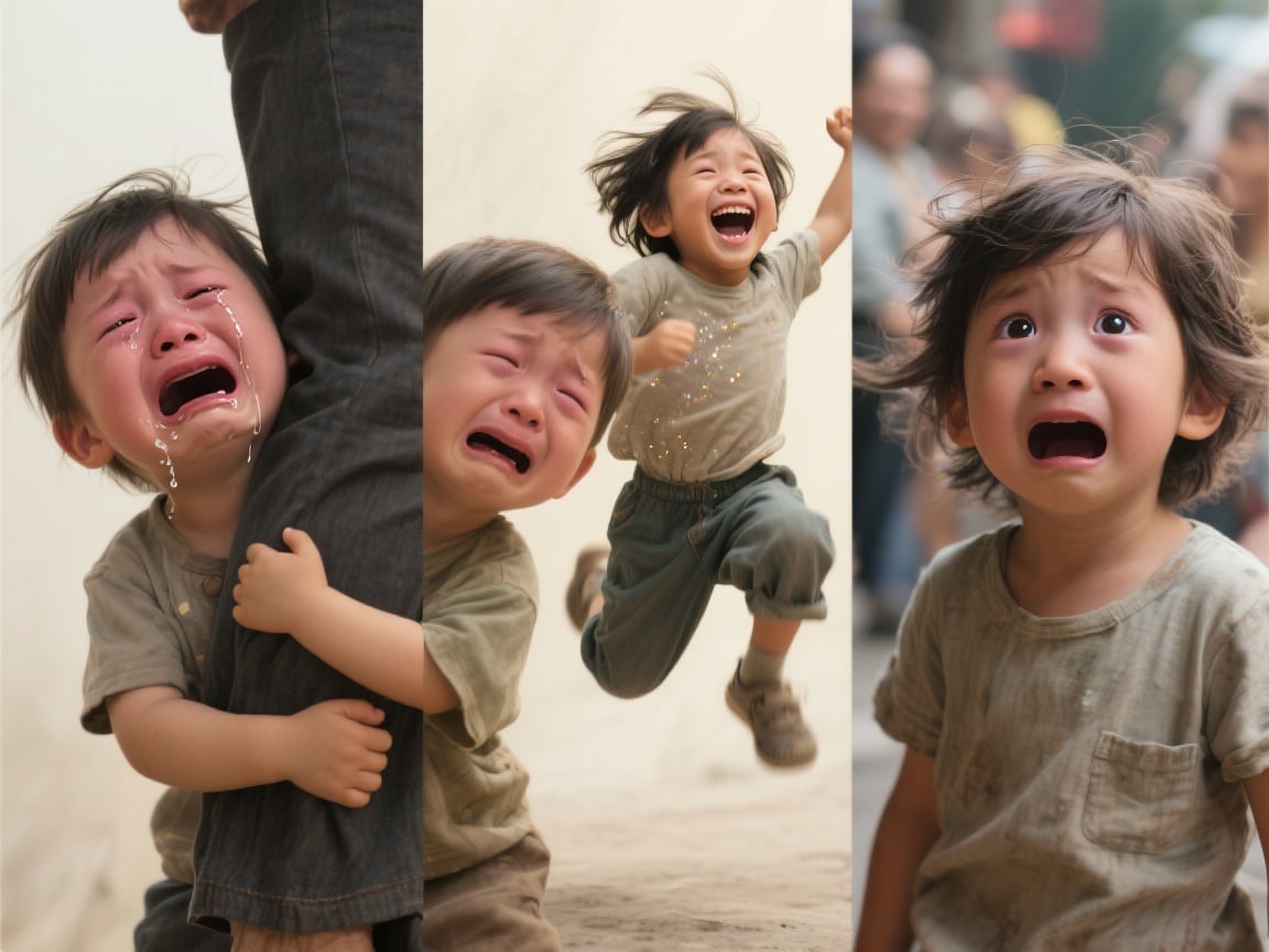 Hyper-realistic collage of four children: one crying, one clinging to a parent, one jumping joyfully, and one looking overwhelmed in a busy environment.