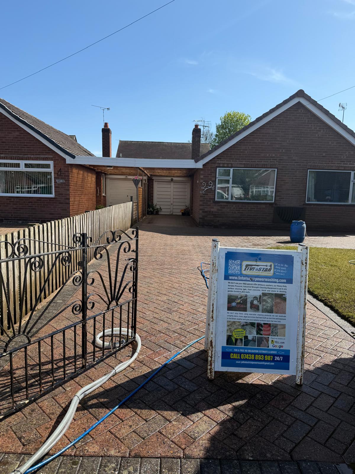 UK bungalow driveway mid-clean with 5 Star branded sign