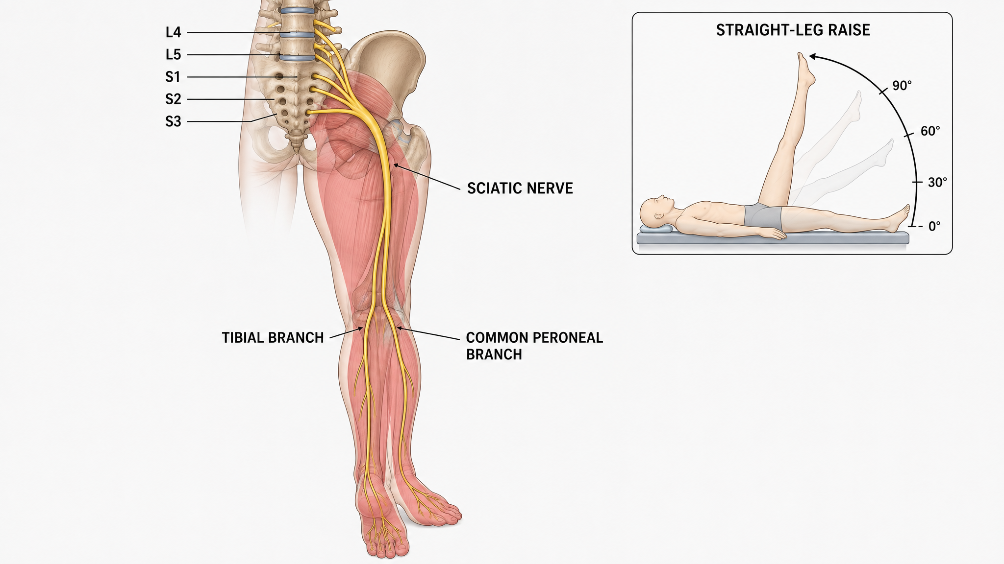 Posterior view teaching diagram of the sciatic nerve descending from the L4, L5, S1, S2 and S3 roots down the back of the thigh and dividing into the tibial and common peroneal branches, with the sciatic dermatome territory shaded and an inset showing the straight-leg raise with degree markings