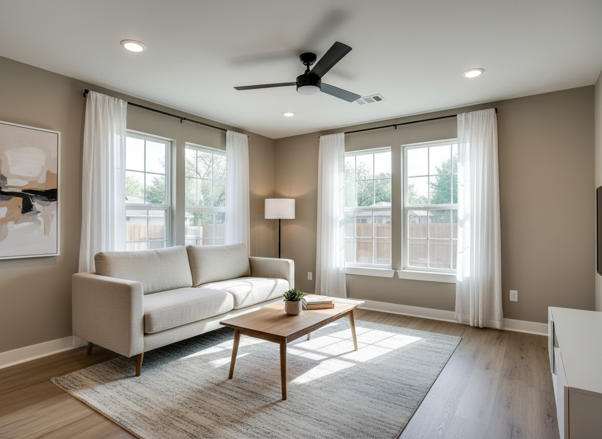 Bright staged living room with neutral paint and LVP floors in Northwest Austin home