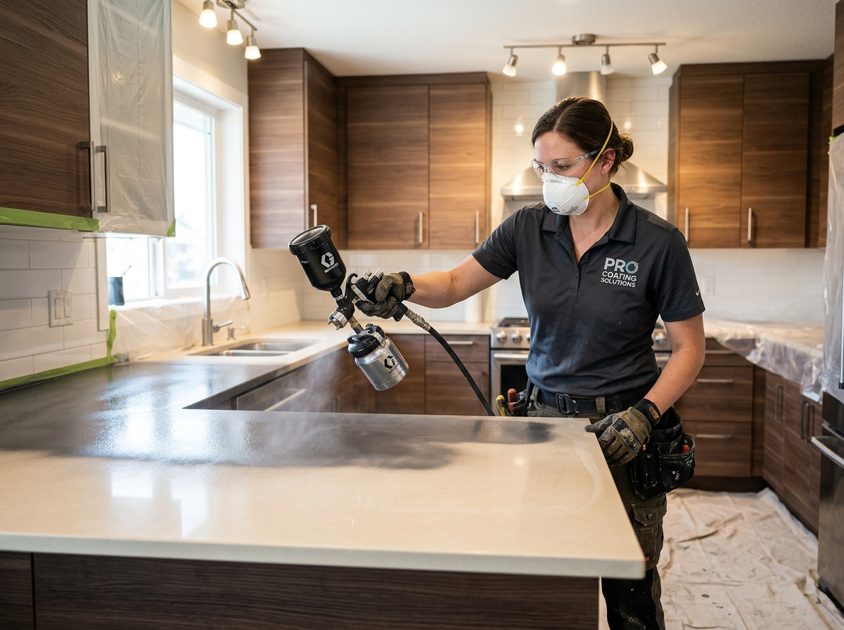 Spray coating a kitchen countertop