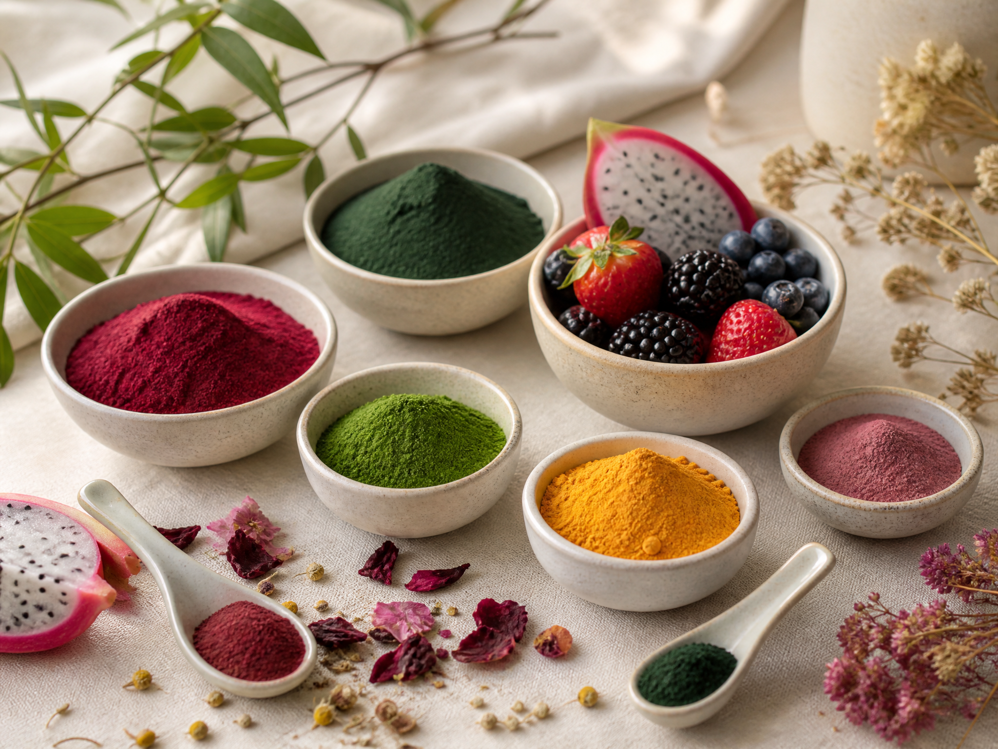Ceramic bowls of colorful fruit and botanical powders with fresh fruit slices on warm ivory linen