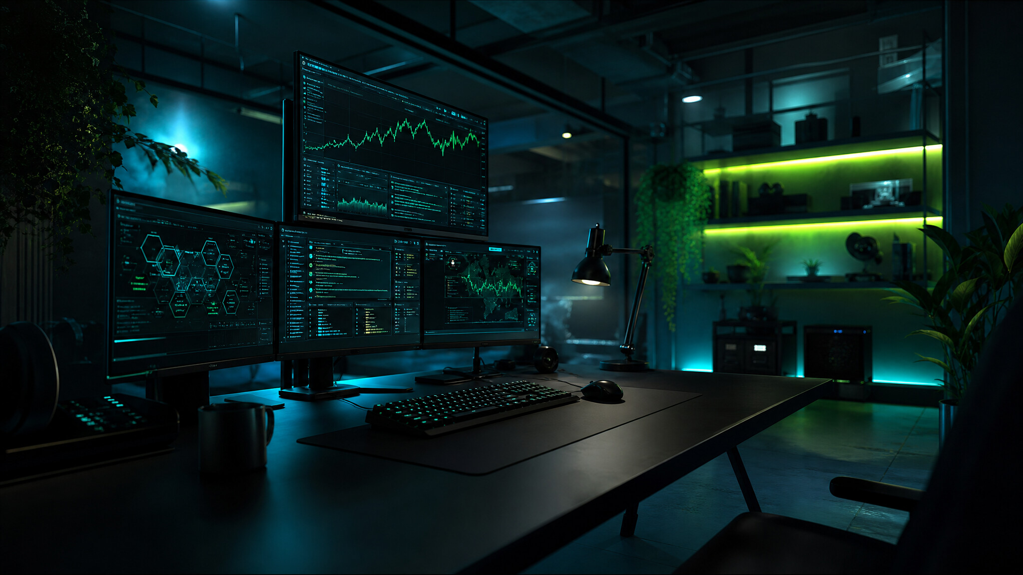 Modern technology workspace with monitors displaying data and analytics
