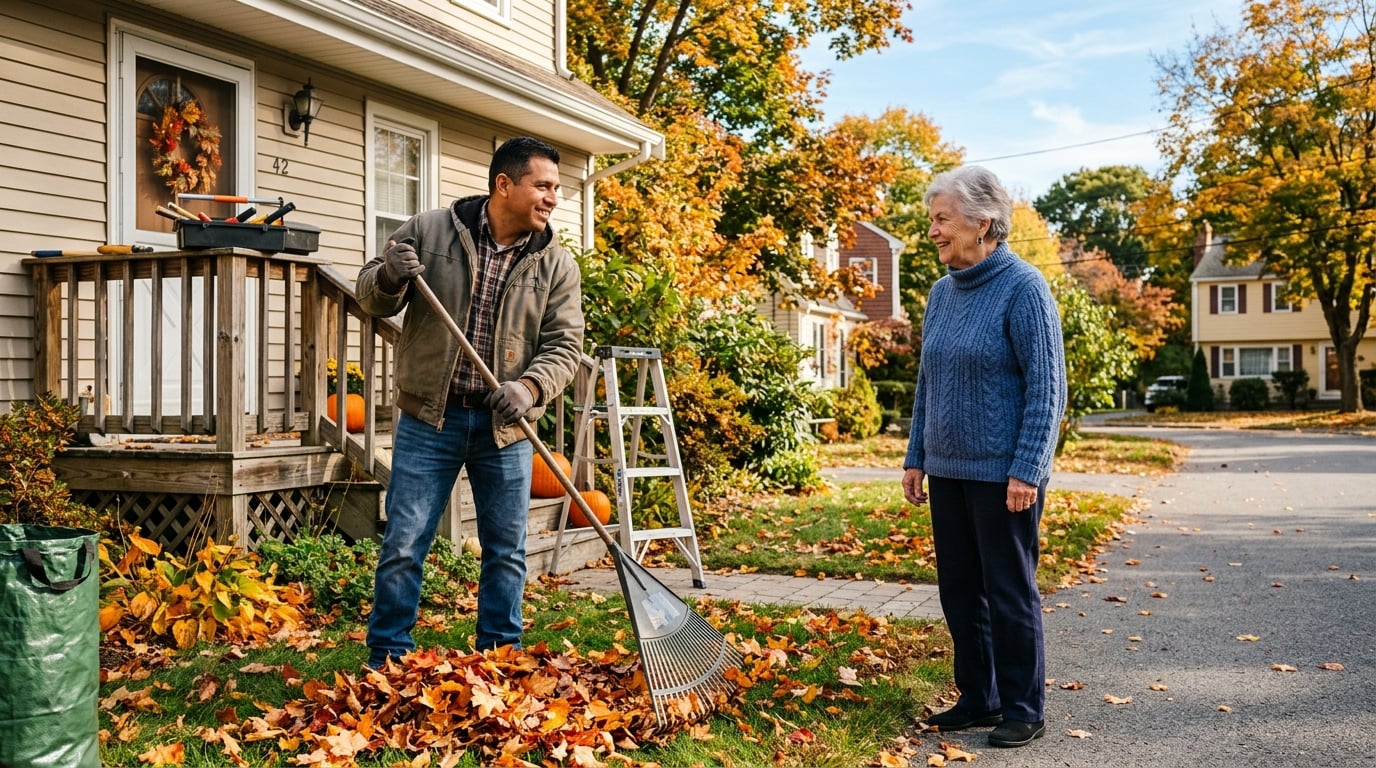 A Hispanic handyman raking autumn leaves and doing yard work outside a home while an elderly White woman homeowner smiles nearby