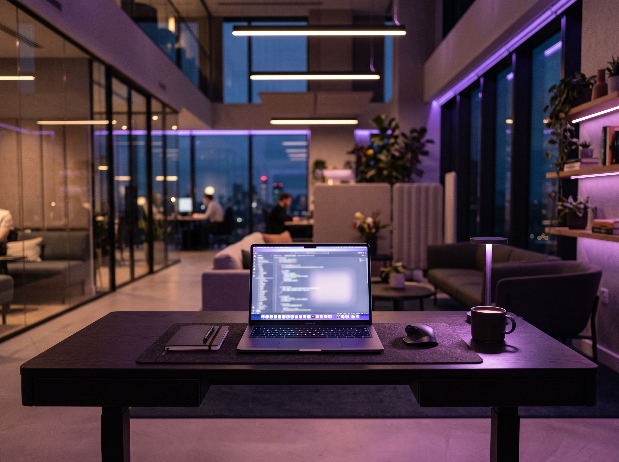 Modern dark office workspace with a laptop under soft violet ambient lighting