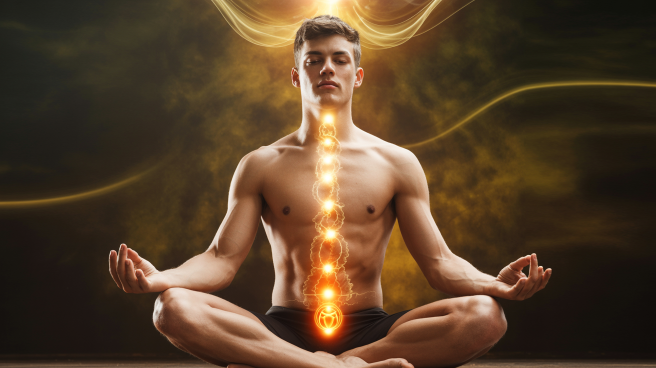 Mladi muškarac u meditativnom položaju sa svetlećom sakralnom čakrom i energijom koja se kreće naviše duž kičme. Zadržavanje semena i aktivacija čakri kroz transmutaciju seksualne energije i meditaciju